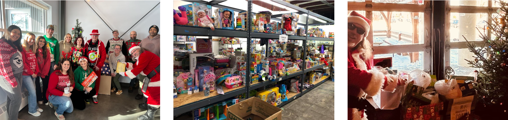 a group photo of volunteers posing together; a well-stocked shelving unit of toys; a person dressed as Santa gesturing towards two full donation boxes and a decorated pine tree