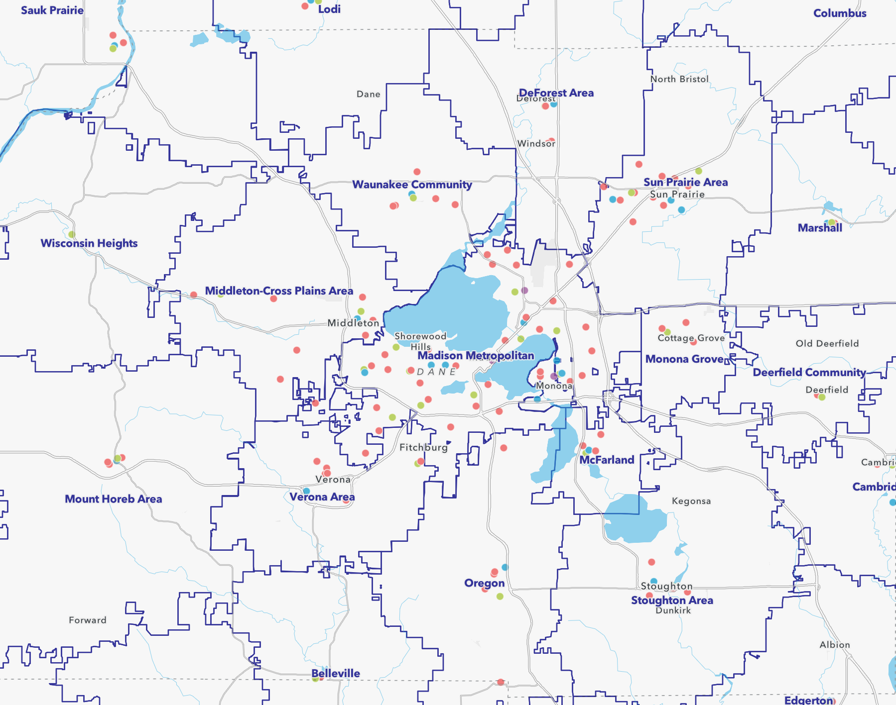 Map showing Dane County school districts; visible district names include Sauk Prairie, Lodi, Columbus, Wisconsin Heights, Middleton-Cross Plains Area, Waunakee, DeForest, Sun Prairie Area, Marshall, Mount Horeb, Verona Area, Madison Metropolitan, McFarland, Monona Grove, Deerfield Community, Belleville, Oregon, Stoughton Area, Cambridge, and Edgerton