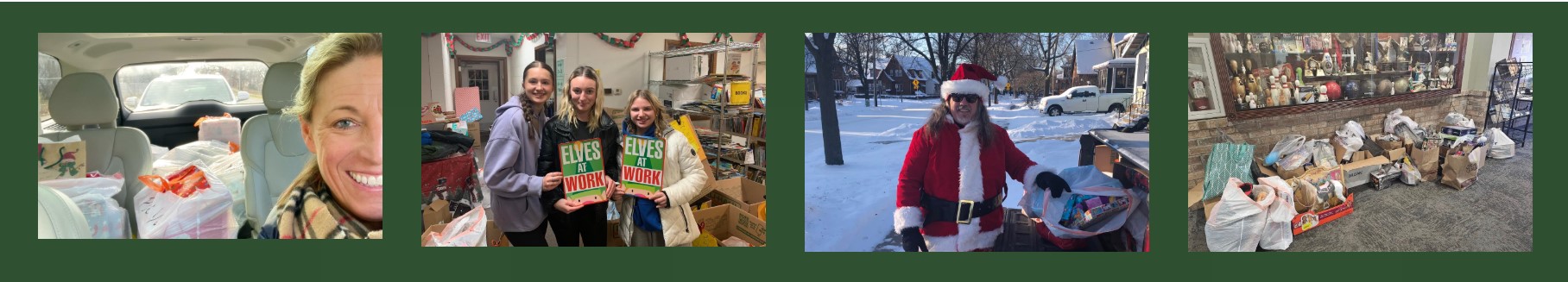 three images of volunteers volunteering and one of a stack of donations, on a green background