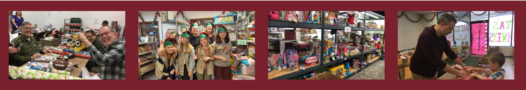 three additional images of volunteers volunteering and one of donations on a large shelf, on a red background